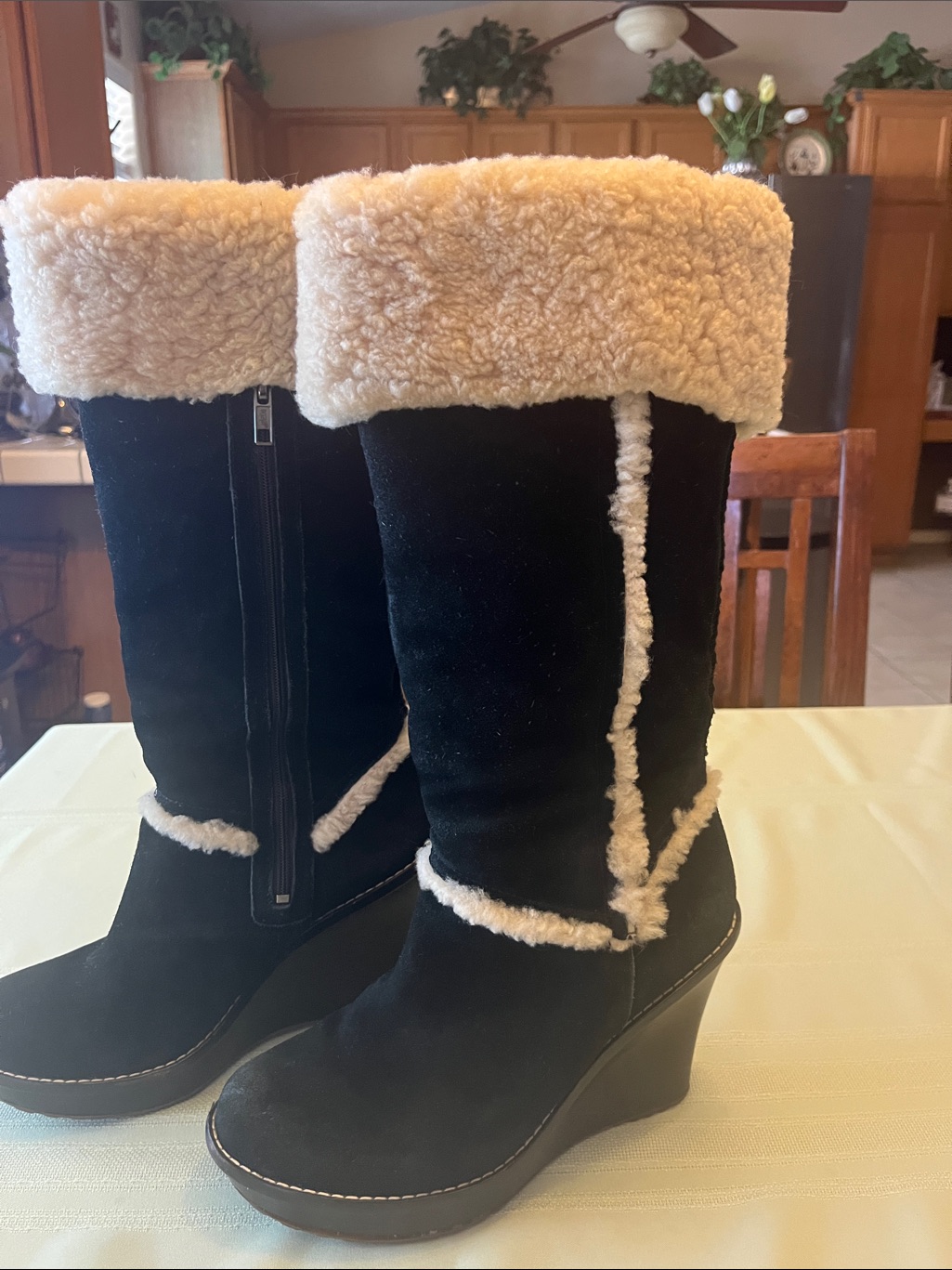 Ugg Black Suede Wedge Boots With Cream Shearling Trim